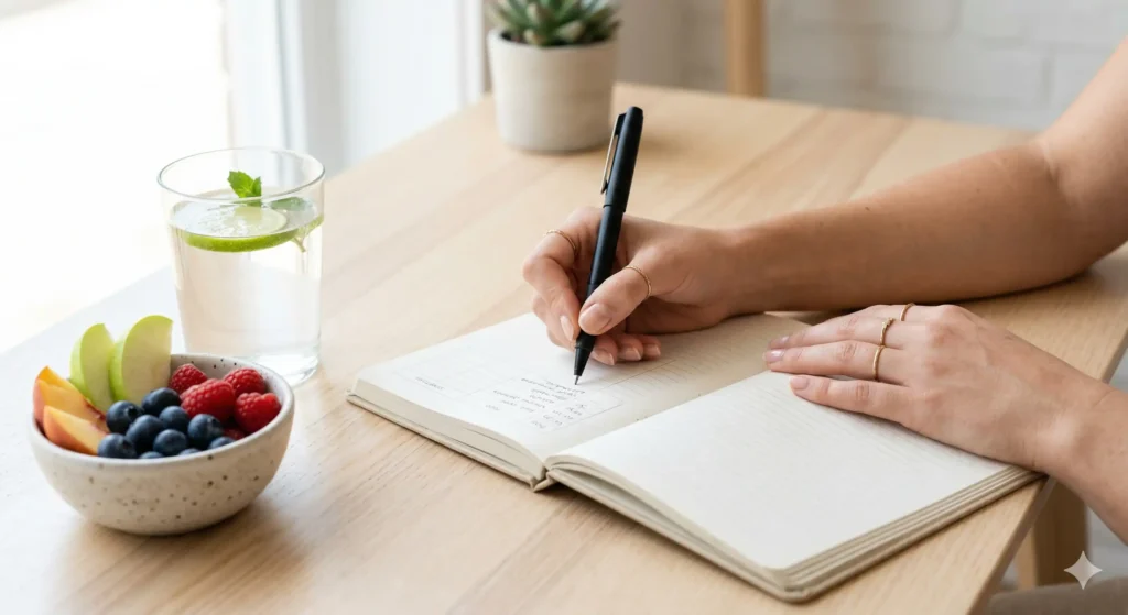 Gros plan sur les mains d'une femme écrivant dans un journal de suivi alimentaire et de symptômes sur un bureau en bois avec des fruits frais.