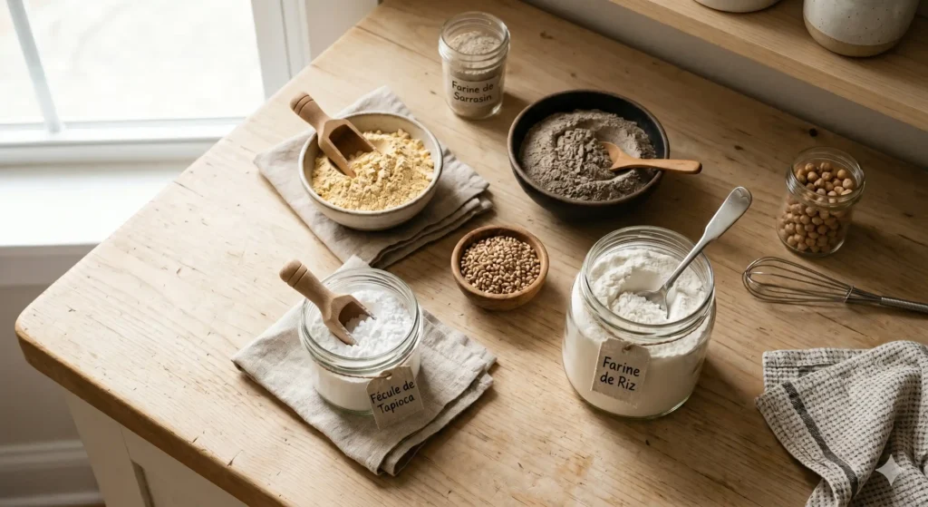Assortiment de farines sans gluten (riz, sarrasin, tapioca) et pois chiches sur un plan de travail en bois.